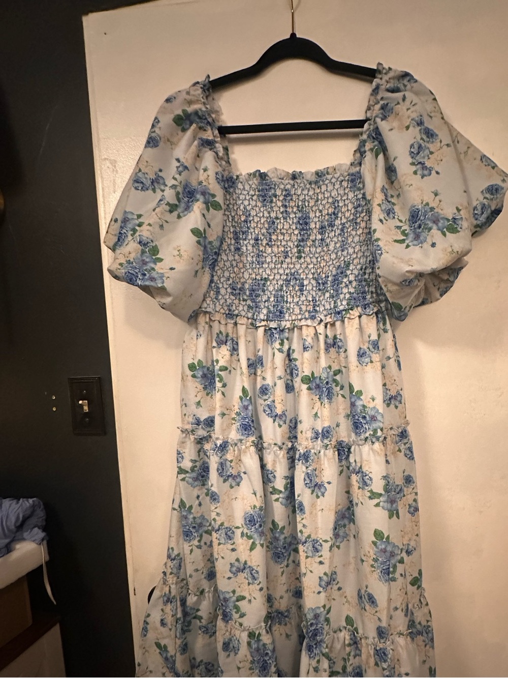 Blue Floral Smocked Midi Dress with Puff Sleeves